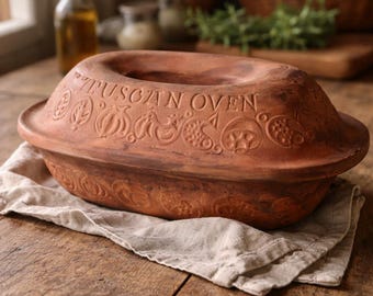Tuscan Oven Terracotta Baker Pot with Lid | Rustic Italian Clay Roaster | Vintage Covered Baking Dish | Farmhouse Kitchen Decor