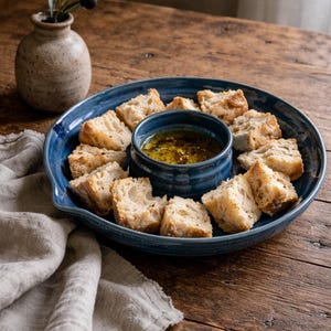 Ailsa Craig Stoneware Chip  and Dip Bowl, Blue Glaze Serving Dish, Vintage Canadian Pottery, Bread & Oil Server, Rustic Entertaining