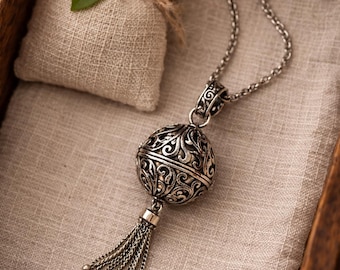 Vintage 925 Sterling Silver Harmony Ball Necklace • Filigree Angel Caller Pendant with Tassel • Bola Meditation Chime Necklace