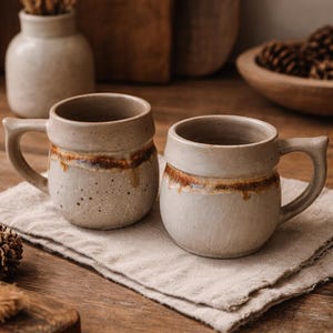 May include: Two ceramic mugs with a speckled, light beige finish and a brown band near the rim. Each mug has a curved handle. They sit on a neutral-colored linen cloth on a wooden surface. The mugs are part of a rustic, home decor theme.