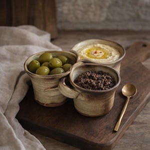 Peut inclure: Une planche de service en bois rustique présente trois petits bols en céramique beige remplis d'olives, de houmous et de tapenade. Une petite cuillère dorée est également présente. Les bols ont des poignées et une finition texturée.