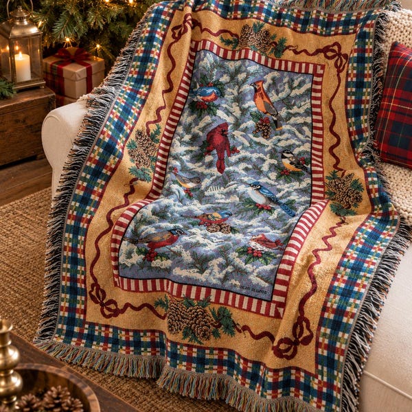 Manta navideña vintage Goodwin Weavers con diseño de pájaros invernales, tapiz de algodón, fabricada en EE. UU., 45 x 68 cm.