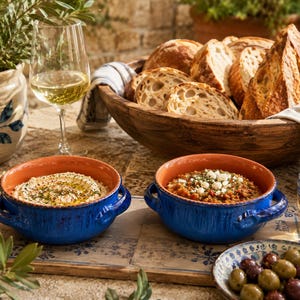 May include: Two round, deep blue ceramic bowls with side handles, each containing a different dip. One bowl holds a creamy white spread topped with herbs, while the other contains a textured red mixture garnished with white crumbles and herbs.