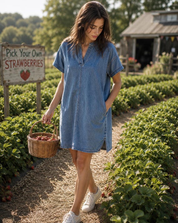 Everlane Split Neck Denim Shift Dress | 100% Cotton | Oversized Boxy Tunic Dress | Pockets