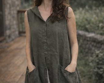 Lagenlook Linen Hooded Tunic Bella by Cassie Made in Italy Olive Green Camo Linen Top Oversized Pockets
