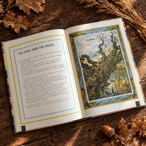 May include: An open book displaying the fable The Oak and the Reeds on the left page and a detailed color illustration of a gnarled oak tree and reeds by a river on the right page. The page numbers 40 and 41 are visible in the bottom corners.