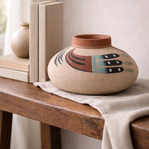 Puede incluir: Un jarrón de cerámica beige con borde marrón y diseño decorativo pintado en negro, marrón y turquesa. El jarrón está sobre una mesa de madera con un paño beige, junto a libros y un jarrón más pequeño.