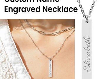 Collar con nombre personalizado, collar con barra vertical, placa grabada, colgante de plata de ley, collar personalizado, regalo para ella, joyería minimalista