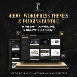 May include: A digital bundle featuring 4000+ WordPress themes and plugins from Elroi Elite Studio. The graphic displays a gold laptop and tablet showing web development interfaces against a black marble background with gold text.