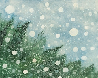 Snowy Pines Aquarell Druck, Winterlandschaft (Digitaler Download)