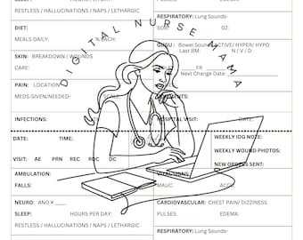 May include: A black and white illustration of a nurse using a laptop, with a medical form. The form includes sections for patient details, vital signs, and notes. The word "Hospice" is written at the top. The nurse is wearing a stethoscope.
