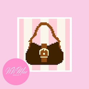May include: Pixelated brown handbag with a buckle closure and a handle. The bag is set against a background of pink and white stripes, with a pink circle in the lower left corner containing the text "ViVi Mae DESIGN".