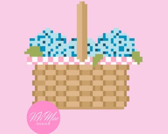 Patrón de punto de cruz para cesta de picnic con hortensias, gráfico de punto de cruz floral azul (descarga digital en PDF)
