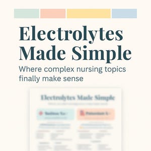 Può includere: Un download digitale intitolato "Electrolytes Made Simple" con lo slogan "Dove gli argomenti complessi di infermieristica finalmente hanno senso". L'immagine presenta uno sfondo chiaro con testo e una sezione etichettata "Download istantaneo PDF".