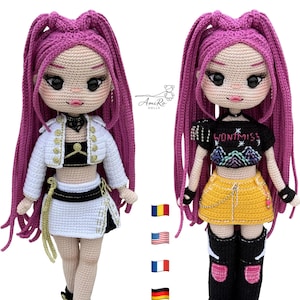 May include: Two crochet dolls named RUMI with long magenta hair. The left doll wears a white jacket, black top, and white skirt. The right doll wears a black top with the text WONT MISS, a yellow skirt, and black boots. Includes AmiRo DOLLS logo.