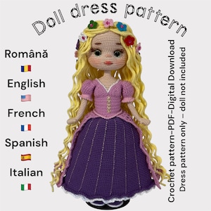 May include: A crocheted doll wearing a purple and pink dress with long, flowing yellow hair. The doll has a floral crown and is labeled "Doll dress pattern." Text indicates it's a digital download, dress pattern only.