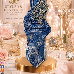 Elegant Royal Blue Decorative Necktie with Jeweled Brooch Simply Elegant Blue Women main image 3