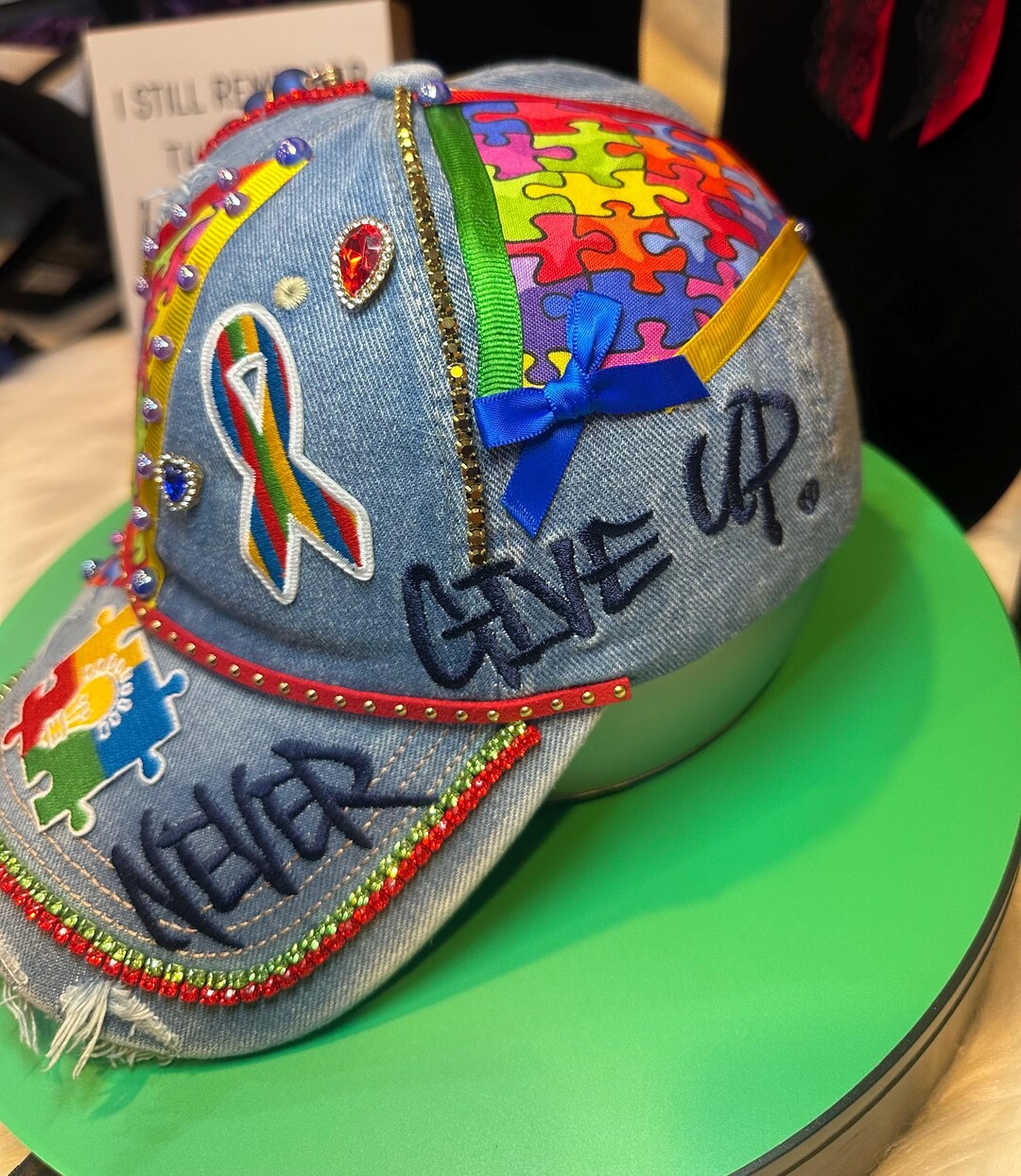 Embellished Denim Trucker Hat, Autism Awareness Puzzle, Rhinestone ...