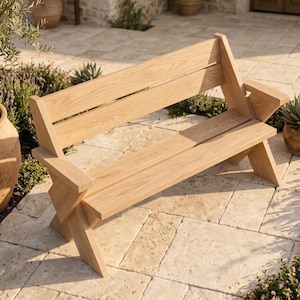 May include: A light brown wooden bench featuring a slatted backrest, a flat seat, and angled support legs. The bench is constructed from smooth, natural-toned wood planks with visible grain patterns, featuring armrests and a sturdy frame design.