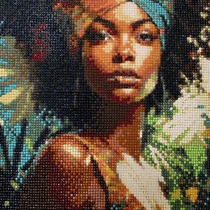 May include: A mosaic portrait of a woman with dark skin, wearing a headscarf. The artwork is made of small, colourful beads, creating a textured effect. The colour palette includes shades of brown, blue, and green, with highlights on the face.