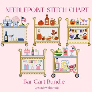 Peut inclure: Un diagramme de point de canevas intitulé Bar Cart Bundle par StitchWithEmma présentant cinq chariots de bar illustrés. Chaque chariot affiche des éléments saisonniers comme un thème nautique, une récolte d'automne, Halloween, un anniversaire et des fruits.