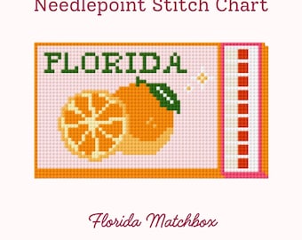 May include: A needlepoint stitch chart featuring a Florida-themed design. The design includes the word "FLORIDA" in green, and two oranges. The text "Florida Matchbox" and "@SitchWithEmma" are also included.