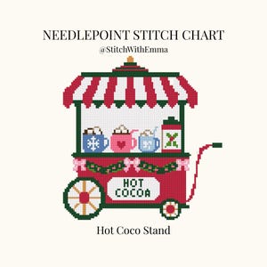 Könnte beinhalten: Ein Stickmuster für Needlepoint mit dem Titel Hot Coco Stand von StitchWithEmma, das einen verpixelten rot-weiß gestreiften Heißgetränkewagen zeigt. Der Wagen enthält drei Tassen mit Toppings, einen roten Behälter mit grünen Blättern und die Aufschrift HOT COCOA.