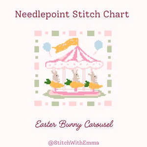 Puede incluir: Gráfico de punto de cruz con un diseño de carrusel de conejitos de Pascua. La imagen muestra un carrusel rosa y blanco con tres conejitos montados en asientos con forma de zanahoria. El texto "Easter Bunny Carousel" está debajo.