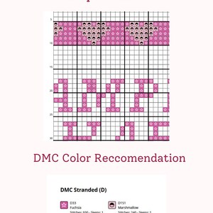 Puede incluir: Un gr&aacute;fico de patr&oacute;n de punto de cruz con las palabras "Sample Chart" y "DMC Color Recommendation". El gr&aacute;fico presenta una cuadr&iacute;cula con la palabra "JOY" en colores fucsia y malvavisco. Incluye c&oacute;digos de color DMC.