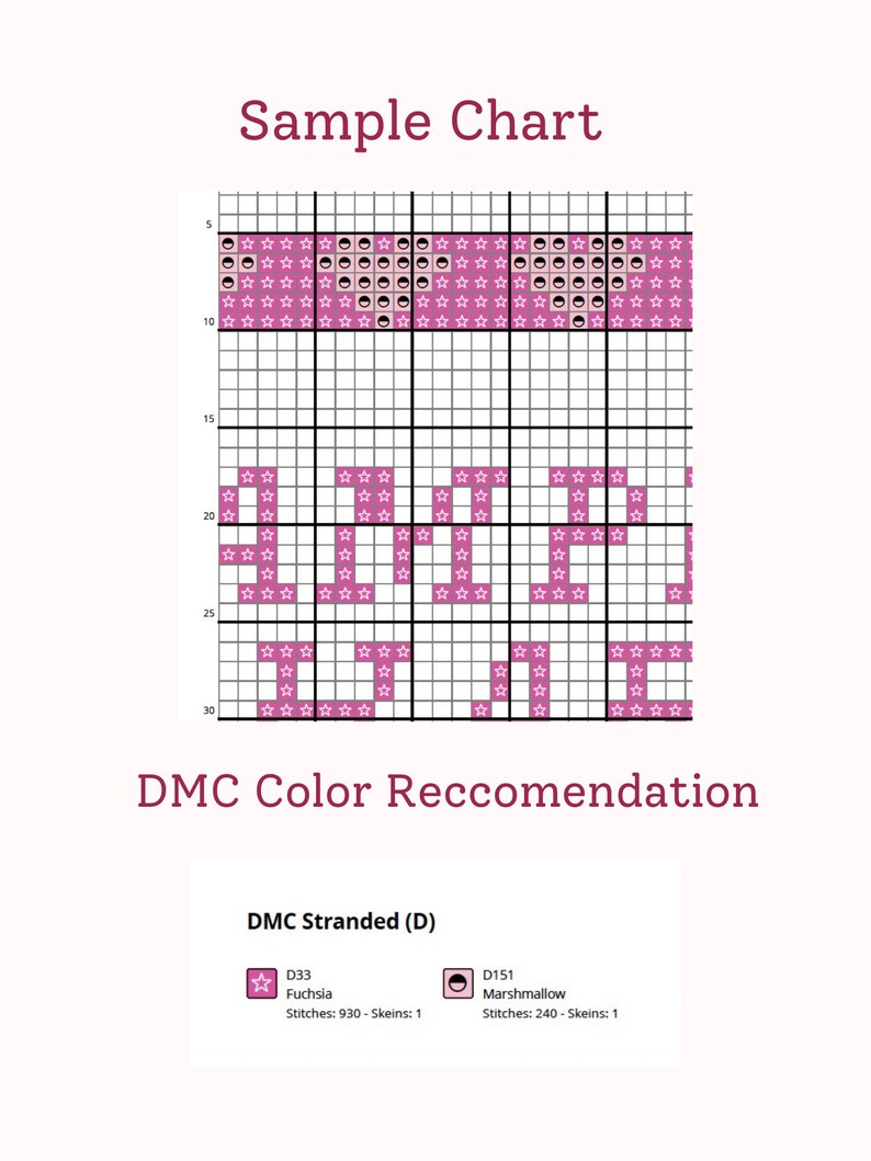 Puede incluir: Un gr&aacute;fico de patr&oacute;n de punto de cruz con las palabras "Sample Chart" y "DMC Color Recommendation". El gr&aacute;fico presenta una cuadr&iacute;cula con la palabra "JOY" en colores fucsia y malvavisco. Incluye c&oacute;digos de color DMC.