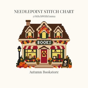 Może przedstawiać: Wzór do haftu igłowego zatytułowany Autumn Bookstore autorstwa StitchWithEmma. Projekt przedstawia pikselowy budynek księgarni z brązowym dachem, czerwonymi drzwiami, czerwono-białymi markizami, jesiennymi liśćmi, dyniami i latarnią.
