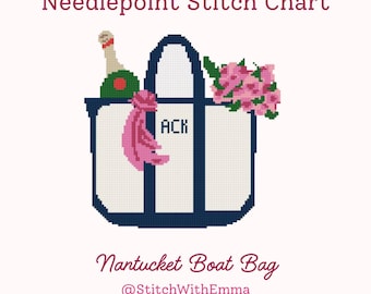 May include: Needlepoint stitch chart featuring a Nantucket Boat Bag design. The bag is white with navy blue accents and the initials "ACK". It contains a champagne bottle, pink flowers, and a pink scarf. The text "@StitchWithEmma" is also included.