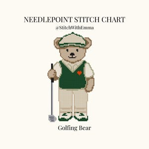 May include: A needlepoint stitch chart titled Golfing Bear by StitchWithEmma featuring a pixelated bear wearing a green vest, white shirt, and green cap, holding a golf club. The bear has a small orange heart on the vest and green and white shoes.
