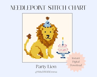 May include: Needlepoint stitch chart featuring a yellow lion wearing a blue party hat, with a birthday cake. The text "Party Lion" and "Instant Digital Download" are also included.