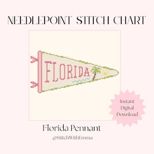 Pode incluir: Um gráfico de ponto de agulha com um design de flâmula da Flórida. A flâmula é de cor creme claro com a palavra "FLORIDA" costurada em rosa. Uma palmeira, sol e ondas também estão incluídos. O texto "Download Digital Instantâneo" também está presente.