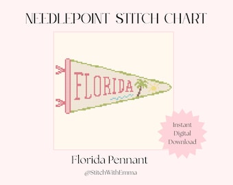 May include: A needlepoint stitch chart featuring a Florida pennant design. The pennant is a light cream color with the word "FLORIDA" stitched in pink. A palm tree, sun, and waves are also included. The text "Instant Digital Download" is also present.