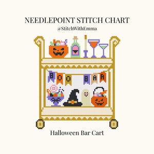 May include: A needlepoint stitch chart titled NEEDLEPOINT STITCH CHART and @StitchWithEmma featuring a Halloween bar cart design. The cart displays a jack-o'-lantern, bottles, glasses, a banner reading BOO BAR, a candy bowl, a witch hat, and a ghost.
