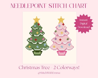 May include: A needlepoint stitch chart featuring two pixelated Christmas trees, one green and one pink, each topped with a yellow star. The text reads NEEDLEPOINT STITCH CHART, Instant Digital Download, Christmas Tree - 2 Colorways!, @StitchWithEmma.