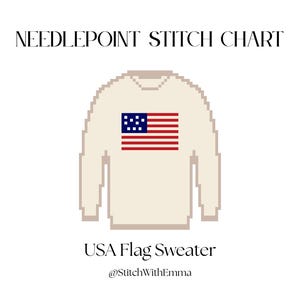 May include: A pixelated cream-colored sweater featuring the American flag on the chest. The text "NEEDLEPOINT STITCH CHART" is at the top, with "USA Flag Sweater" and the seller's name at the bottom.