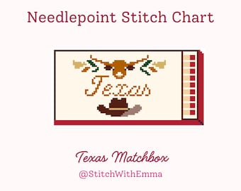 May include: A needlepoint stitch chart with a Texas theme. The design features a longhorn, the word "Texas", and a cowboy hat. The chart is framed in red and includes the text "Texas Matchbox" and "@StitchWithEmma".