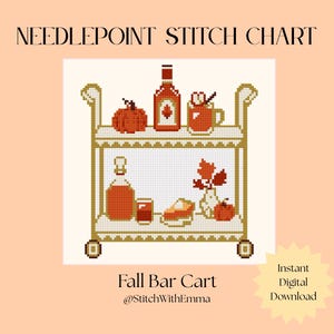 May include: A needlepoint stitch chart titled Fall Bar Cart by StitchWithEmma. The design features a two-tiered bar cart in shades of orange, brown, and cream, decorated with a pumpkin, a bottle, a mug, a glass, a slice of pie, and leaves.