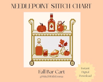 May include: A needlepoint stitch chart titled Fall Bar Cart by StitchWithEmma. The design features a two-tiered bar cart in shades of orange, brown, and cream, decorated with a pumpkin, a bottle, a mug, a glass, a slice of pie, and leaves.