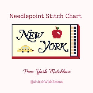 May include: Needlepoint stitch chart with a New York theme. The design features the words "New York" in pixelated font, a red apple, and a yellow taxi. The words "New York Matchbox" are also included.