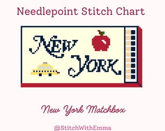 May include: Needlepoint stitch chart with a New York theme. The design features the words "New York" in pixelated font, a red apple, and a yellow taxi. The words "New York Matchbox" are also included.