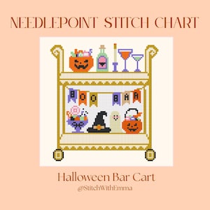 May include: A needlepoint stitch chart titled NEEDLEPOINT STITCH CHART and Halloween Bar Cart by @StitchWithEmma. The design features a gold bar cart with two shelves holding Halloween items including a jack-o'-lantern, drinks, a banner reading BOO BAR, a witch hat, a ghost, and candy.