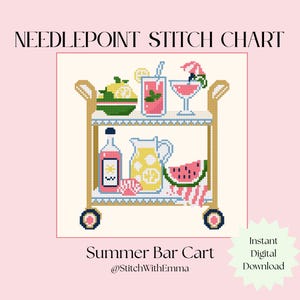 Könnte beinhalten: Kreuzstich-Diagramm mit einem Sommer-Barwagen-Design. Der Wagen ist mit Getränken, Zitronen und Wassermelone gefüllt. Der Text "Summer Bar Cart" und "Instant Digital Download" sind ebenfalls enthalten.