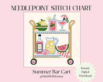 May include: Needlepoint stitch chart featuring a summer bar cart design. The cart is filled with drinks, lemons, and watermelon. The text "Summer Bar Cart" and "Instant Digital Download" are also included.