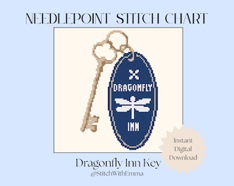 May include: Needlepoint stitch chart featuring a key and a Dragonfly Inn tag. The tag is navy blue with a white dragonfly and text. The key is tan. Text includes "Dragonfly Inn Key" and "Instant Digital Download."