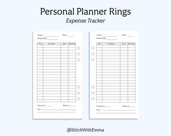 May include: Two white personal planner expense tracker inserts with black text and grid lines. Each page features fields for category, month, and monthly budget, with columns for date, description, spent, and remaining. Six ring holes are on the side.