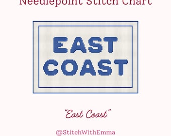 May include: A needlepoint stitch chart with the words "EAST COAST" in blue block letters inside a white rectangle. The text "East Coast" is below the rectangle, with the Instagram handle @StitchWithEmma below that.